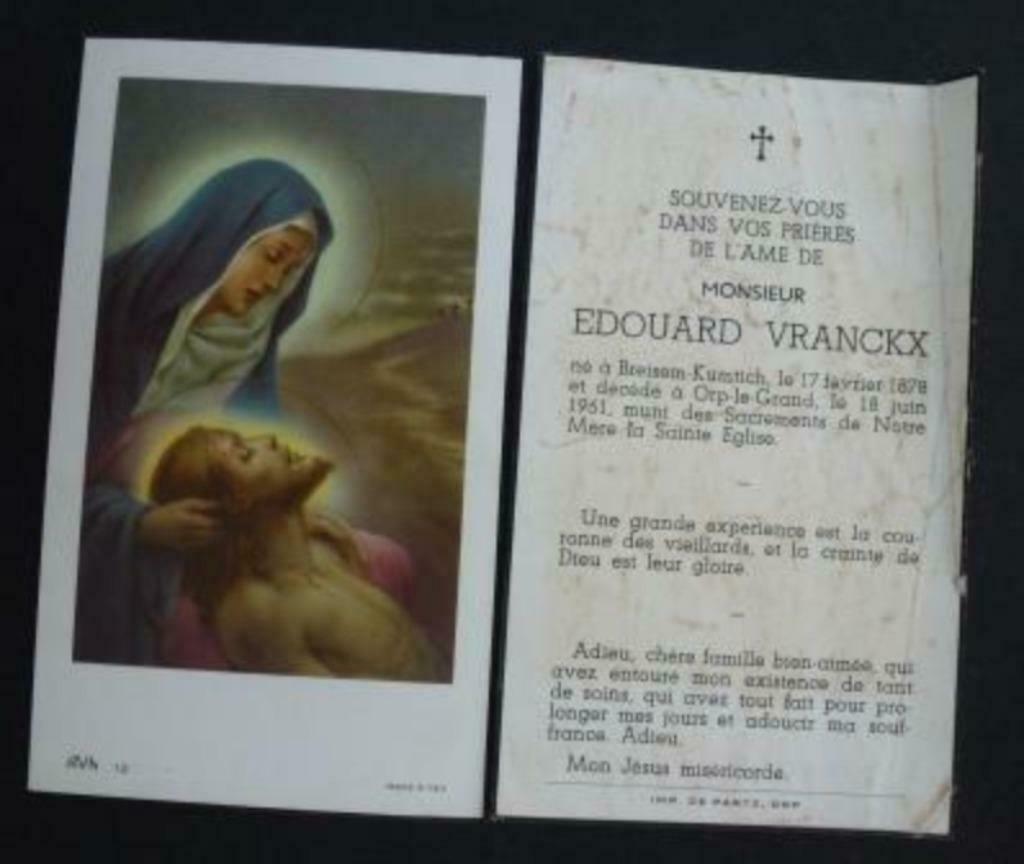 carte de mort Vranckx Edouard  Breisem - Kumtich 1878, Envoi, Carte de condoléances