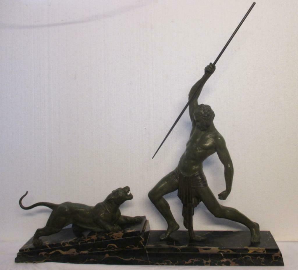 art deco beeld jager met speer & panter The Hunt DH Chiparus, Enlèvement, Bronze