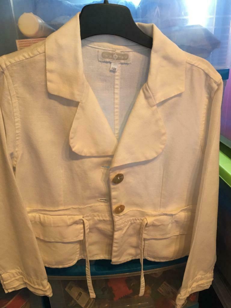 Veste et chemisier lin blanc. Lot 2 pièces/filles 7/8ans., Enlèvement, Comme neuf, Fille, Chemise ou À manches longues