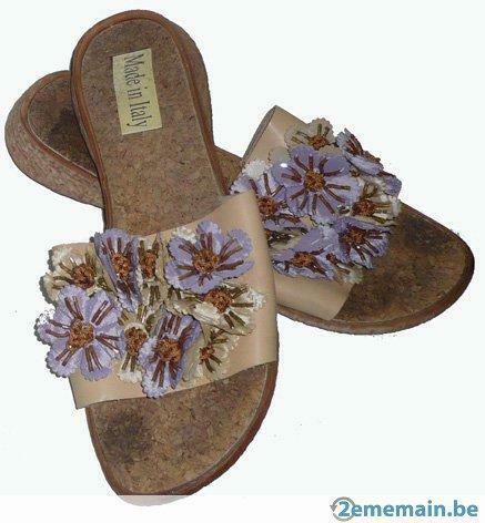 mule sandale talon liège,fleurs mauve-beige 37 confortable, Enlèvement ou Envoi, Porté, Autres types