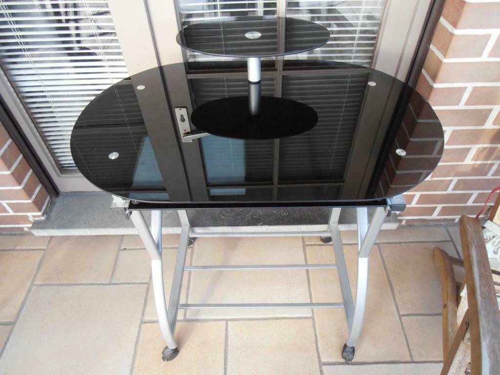 Bureau informatique en verre teinté noir/métal sur roulettes, Enlèvement, Utilisé, Bureau