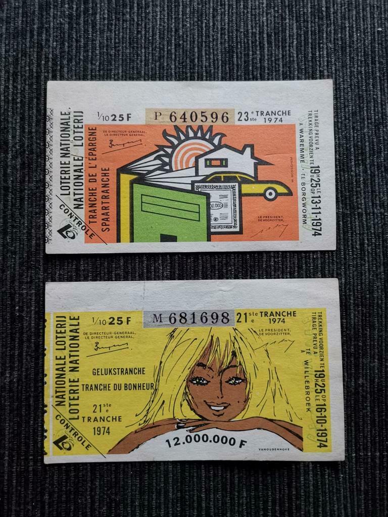 Nationale Loterij 1974 - 2 vintage tickets, Verzamelen, Ophalen of Verzenden
