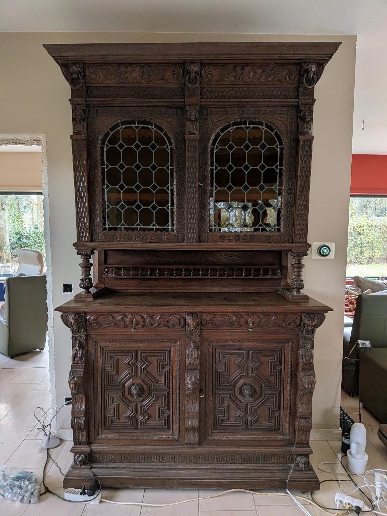 Eikenkast met glas in lood, Antiek, Chêne, Avec tablette(s), 100 à 150 cm