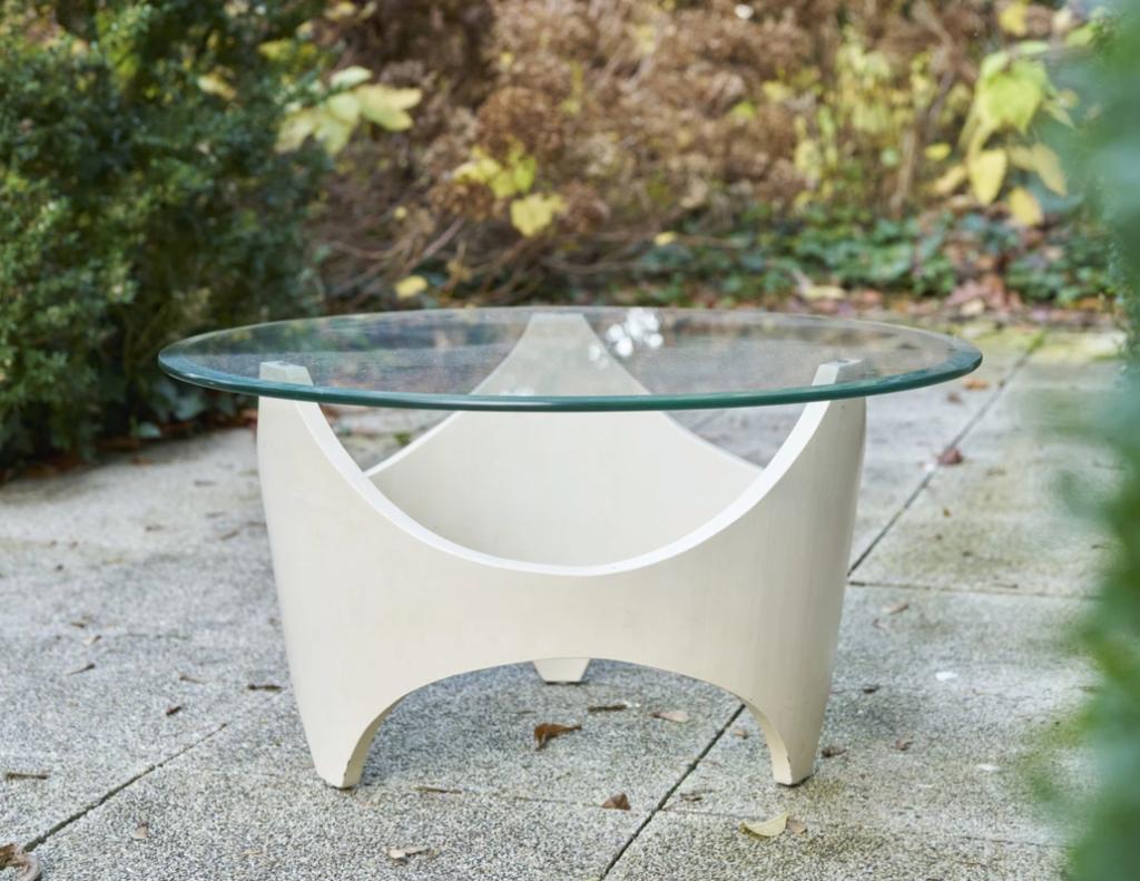 Space Age gebogen witte houten salontafel, jaren 1970, Ophalen, Huis en Inrichting