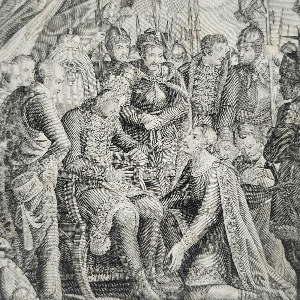 Gravure « Bazarad devant Louis le Grand, roi de Hongrie », Antiquités & Art