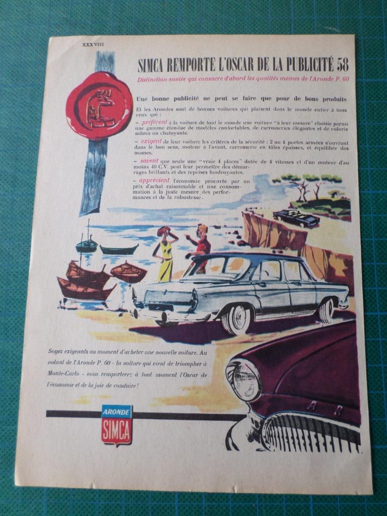 Simca Aronde - publicité papier - oscar de la pub. 58 - 1959, Collections, Marques & Objets publicitaires, Enlèvement ou Envoi