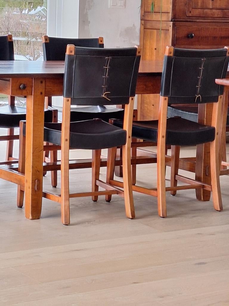 Zeer degelijke tafel uit rozenhout met 6 stoelen in leder, Ophalen, Gebruikt, 100 tot 150 cm, Art deco
