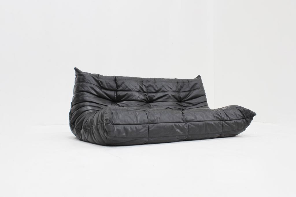 Canapé 3 places en cuir noir Vintage Togo Ligne Roset, Enlèvement