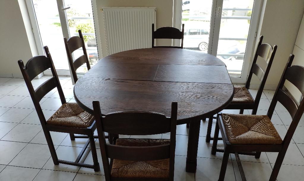 Massief eiken eettafel met 6 stoelen - uitschuifbaar, Maison & Meubles, Tables | Tables à manger, Utilisé, 150 à 200 cm, 150 à 200 cm