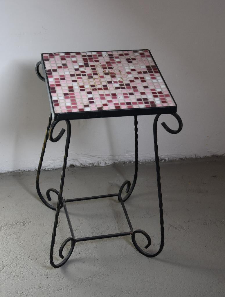 Vintage retro bijzettafel plantenstaander met mozaïek blad, Vintage, Moins de 55 cm, Carré, Enlèvement