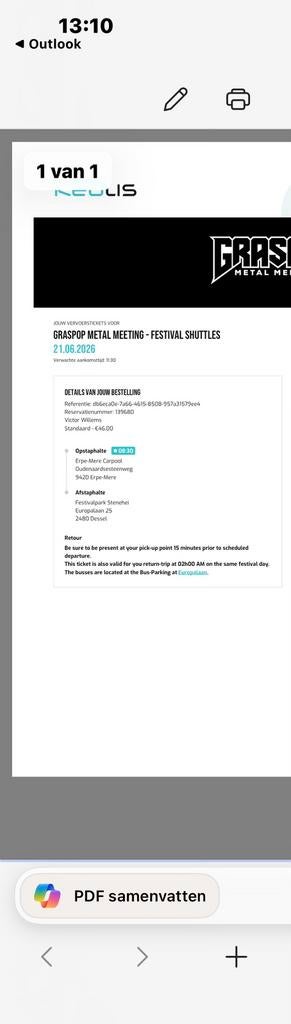 Ticket shuttlebus graspop 21 juni, Eén persoon