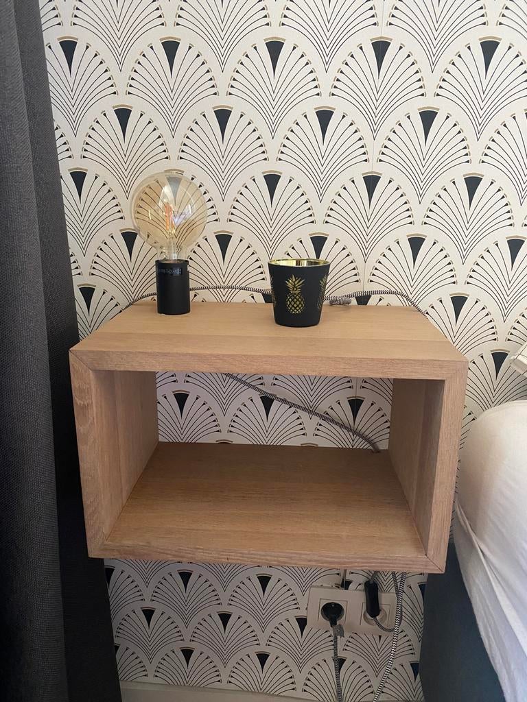 2 eiken nachtkastjes met lamp, Ophalen, Gebruikt, Minder dan 45 cm, Minder dan 55 cm