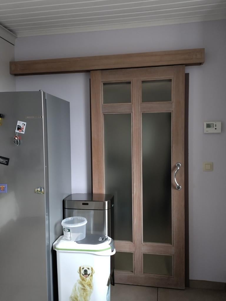 Eiken schuifdeur met melkglas, Doe-het-zelf en Bouw, Deuren en Vliegenramen, Ophalen, 120 cm of meer, Binnendeur, Zo goed als nieuw