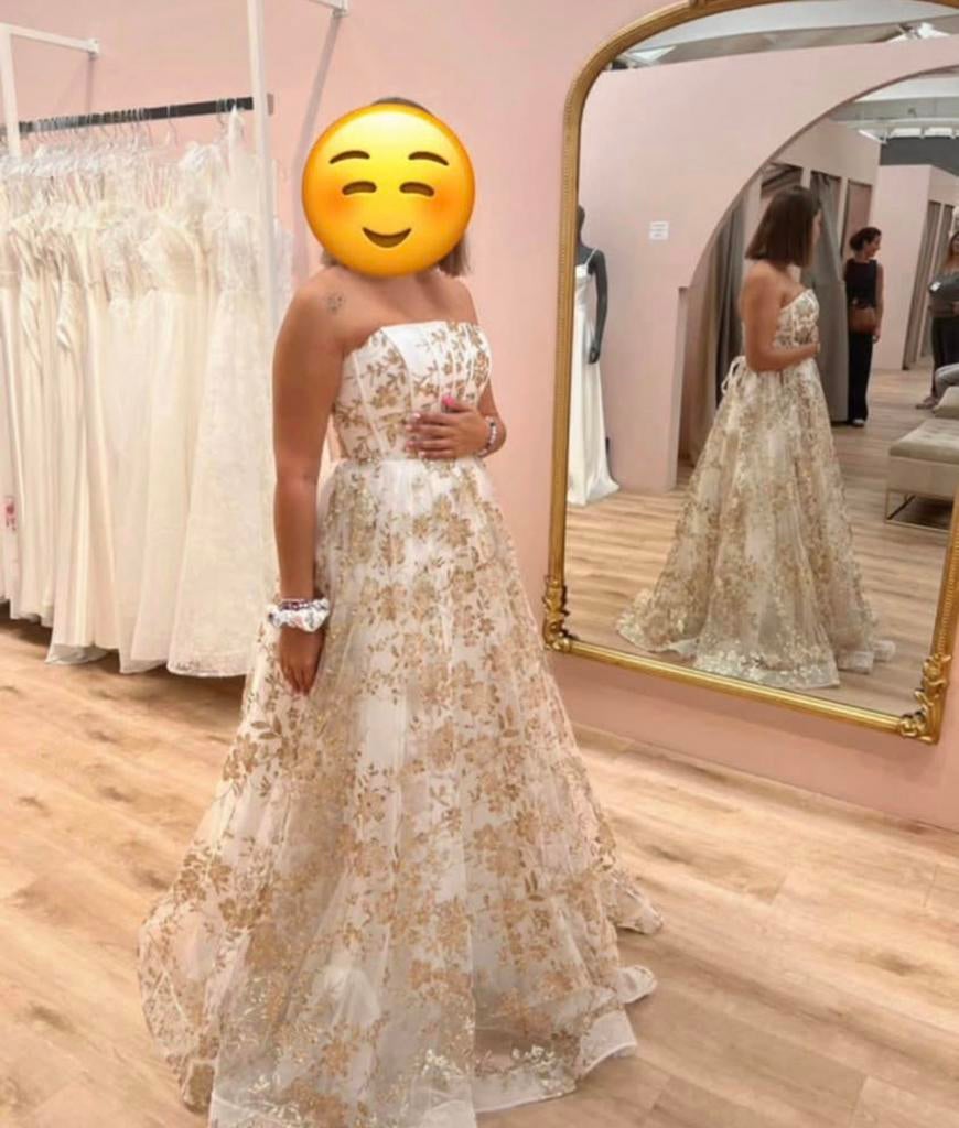 Witte en gouden bal- of trouwjurk, Kleding | Dames, Trouwkleding en Trouwaccessoires, Ophalen, Zo goed als nieuw, Wit, Trouwjurk