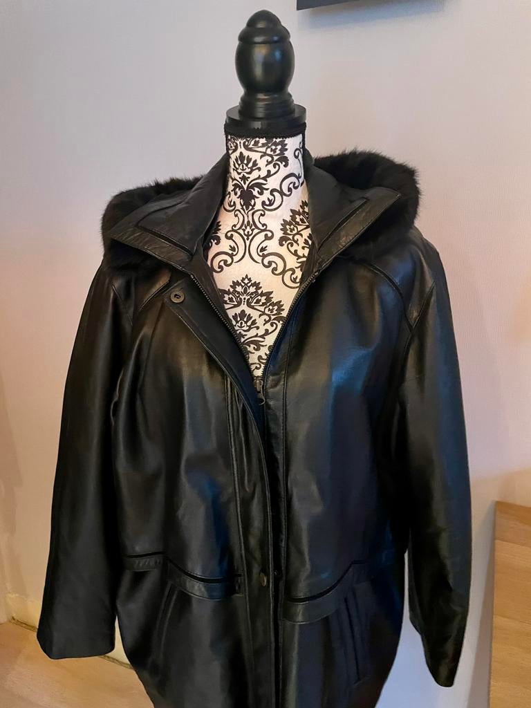Veste en cuir avec capuche amovible T 44, Enlèvement ou Envoi, Comme neuf, Taille 42/44 (L), Noir