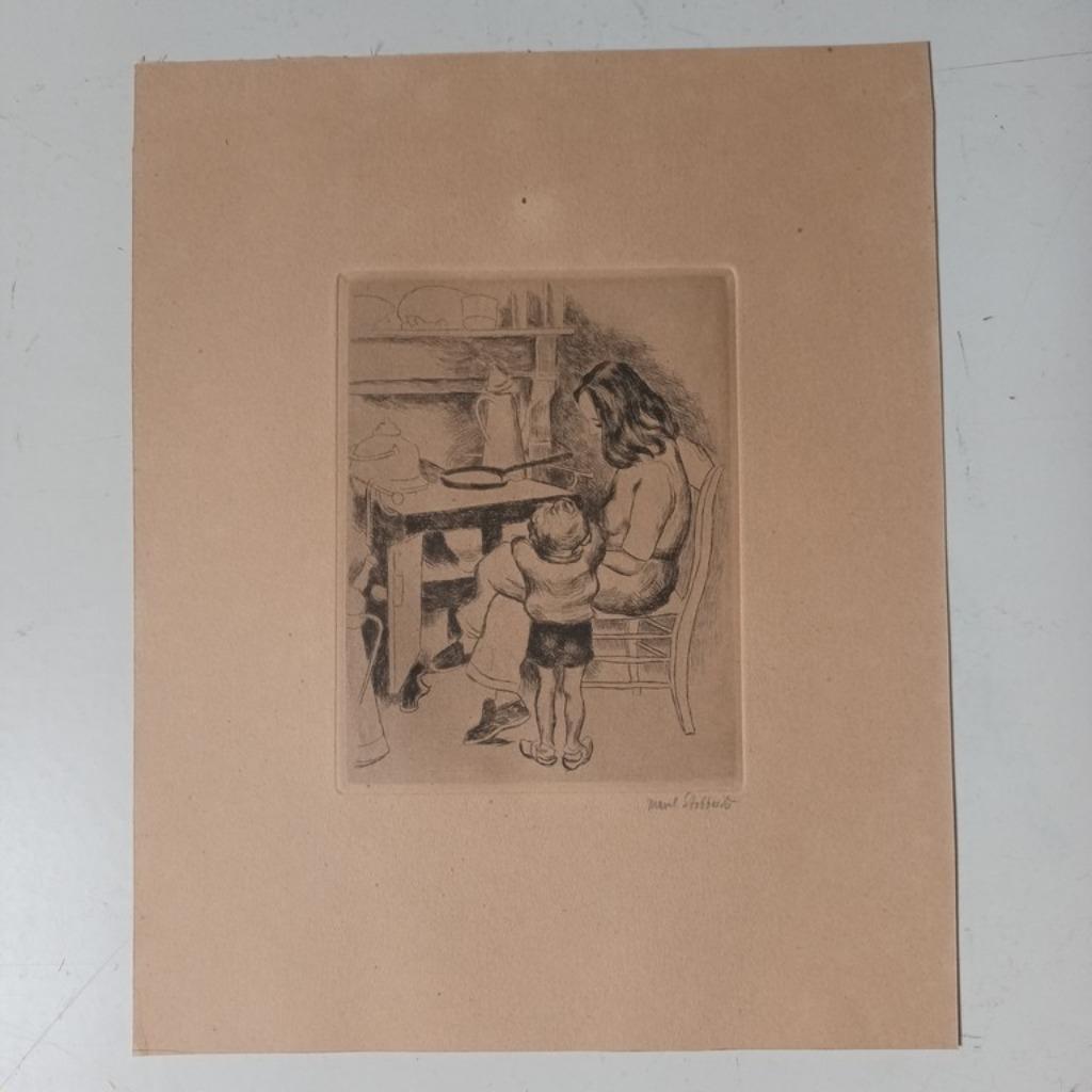 Marcel Stobbaerts (1899-1979) - ets - "Moeder met kind aan d, Antiquités & Art, Enlèvement ou Envoi