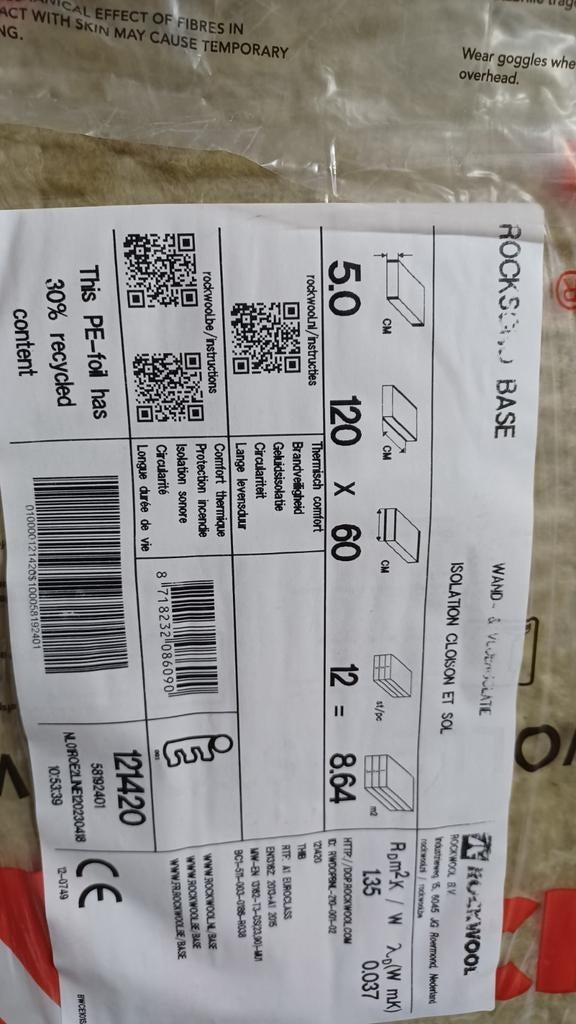 rockwoll 120x60cm  5cm, Dakisolatie, 4 tot 8 cm, Nieuw, Steenwol