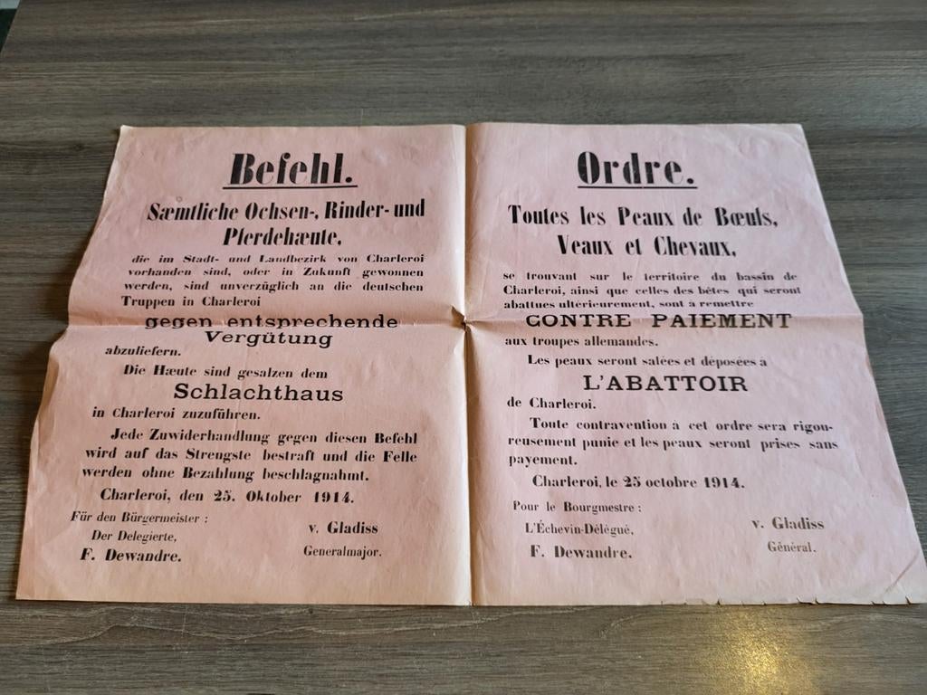 ordre population Charleroi, Belgique 1WW, Collections, Objets militaires | Général, Envoi