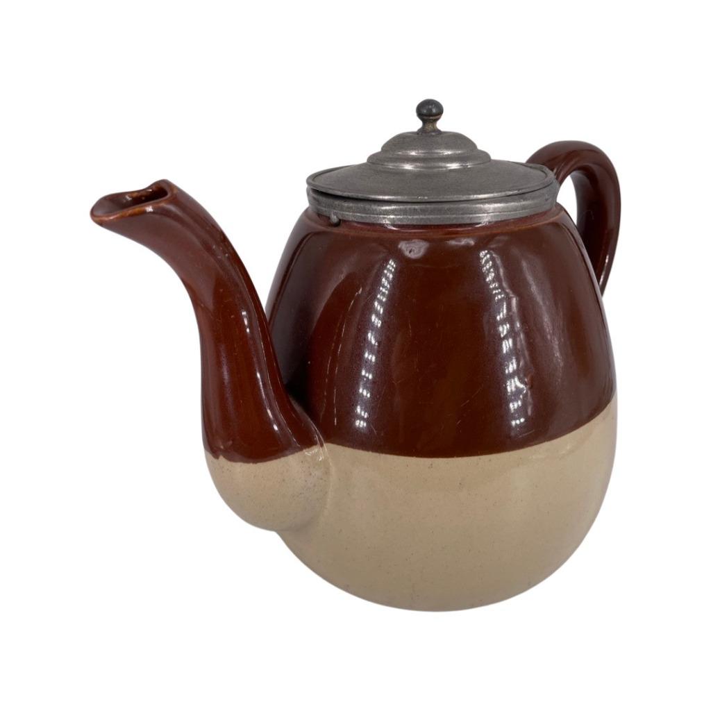 Beige en bruine herkenbare aardewerken theepot met tin, Antiek en Kunst, Ophalen of Verzenden