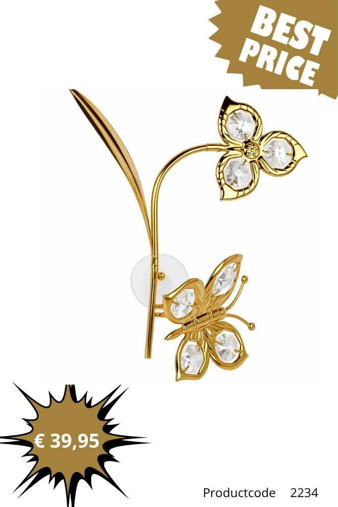24K Vergulde Vlinder & Bloem met Kristallen | Luxe Cadeau
