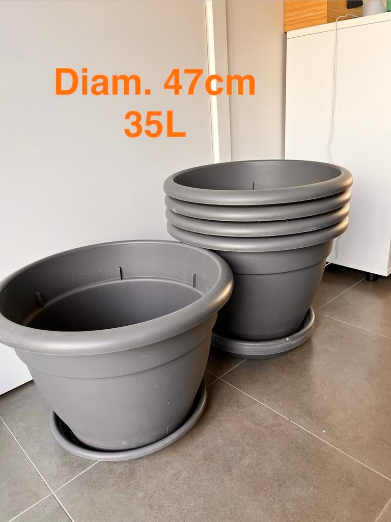 Grands pots pour plantes de jardin 35L + soucoupes X 5pce, Ophalen, Kunststof, Gebruikt, Minder dan 60 cm