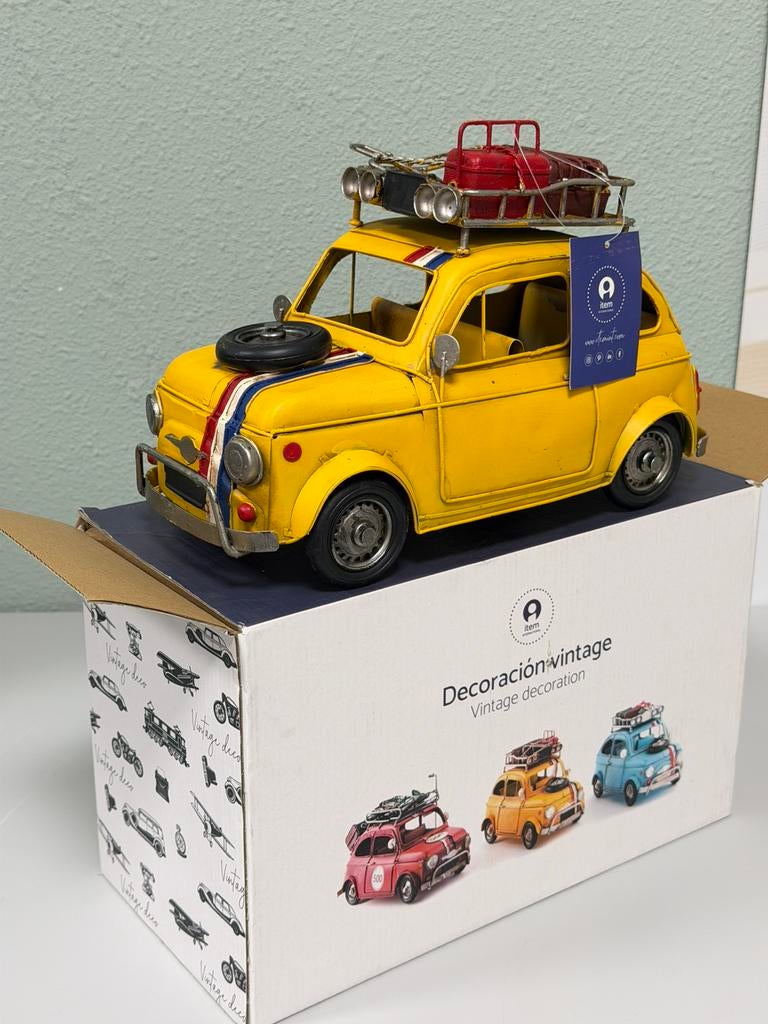 Retro Modelauto Fiat 500-look geel Vintage metalen XL auto, Hobby en Vrije tijd, Modelauto's | Overige schalen, Nieuw, Auto, Ophalen of Verzenden