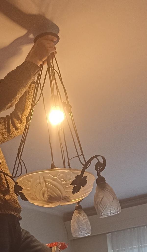 lustre art déco - pâte de verre & fer forgé, Antiquités & Art, Enlèvement