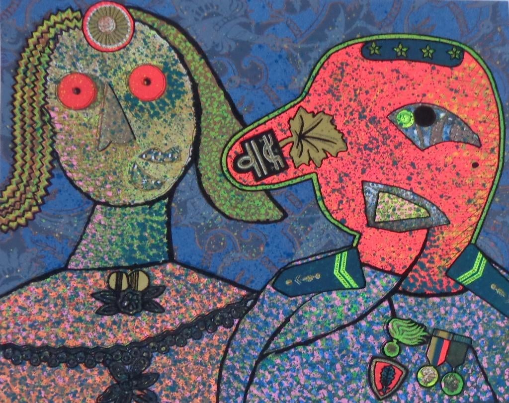 ENRICO BAJ / GENERAAL AMIN DADA / MIXED MEDIA / 70x100cm SIG, Ophalen of Verzenden