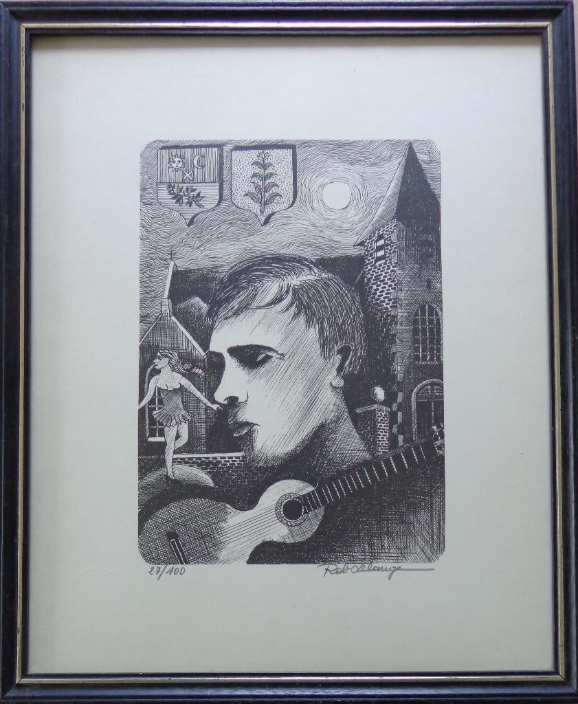 ROB DELANGE / JACQUES BREL / ZW-W LITHO / 46x38cm / KADER, Enlèvement ou Envoi