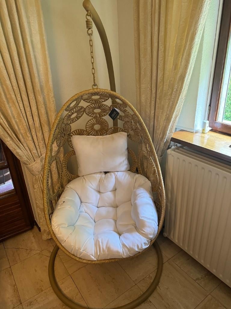 J-Line beige hangstoel met witte kussens Bula – metaal-riet, Enlèvement, Neuf, Métal