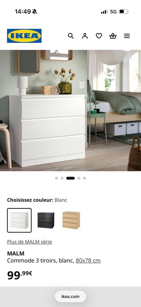 Commode Malm ikea / blanc 3 tiroirs, Enlèvement, Comme neuf
