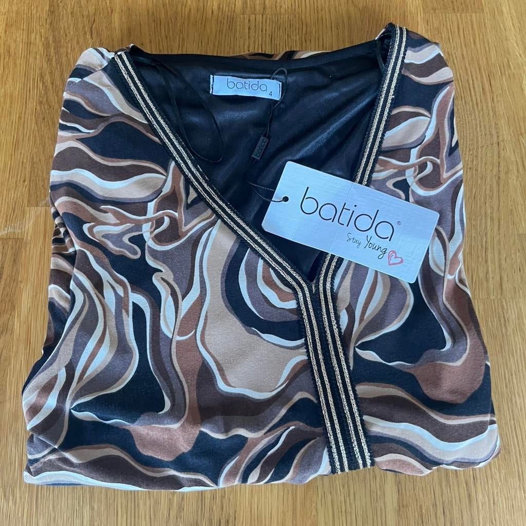 Bruin/lichtbruine jurk met patroon Batida — Maat 4 (40/42), Kleding | Dames, Jurken, Maat 38/40 (M), Bruin, Nieuw, Ophalen of Verzenden