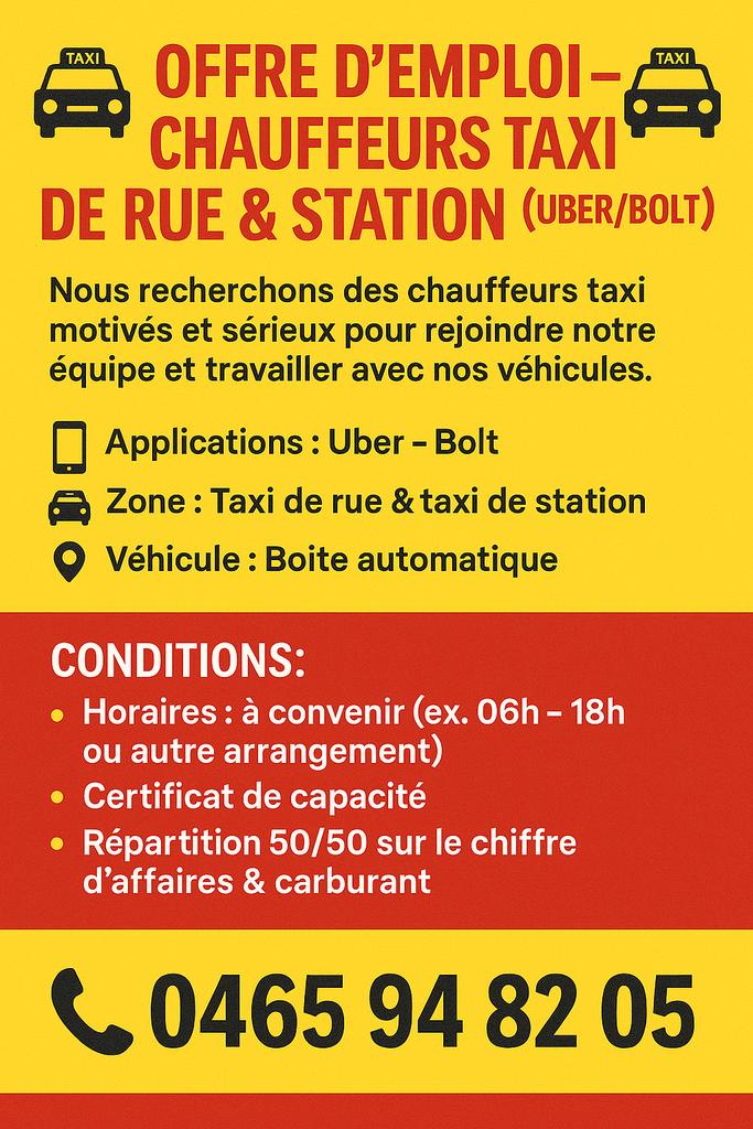 OFFRE D'EMPLOI-CHAUFFEURS TAXI DE RUE & STATION (UBER/BOLT)