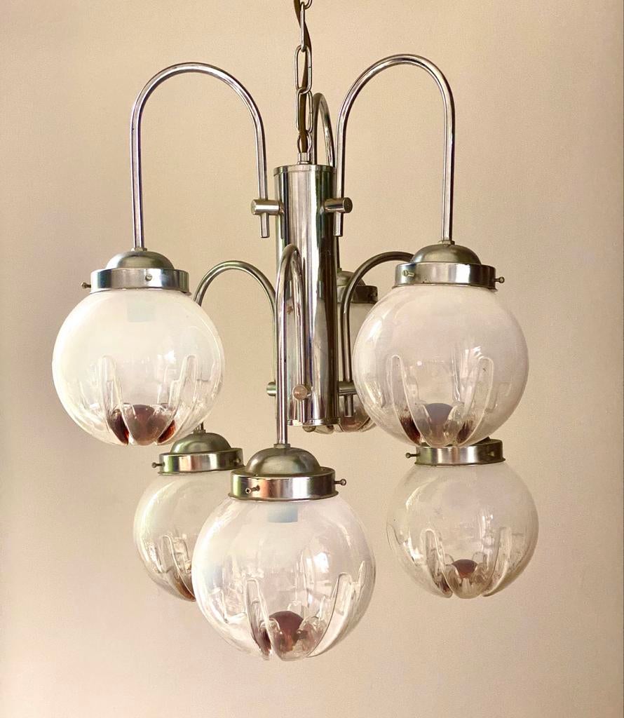 Vintage luster met murano glazen bollen., Huis en Inrichting, Lampen | Kroonluchters, Ophalen, Gebruikt, Glas, Vintage