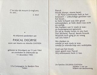 Te koop: bidprentje Pascal DEGRYSE, Verzamelen, Ophalen of Verzenden, Bidprentje