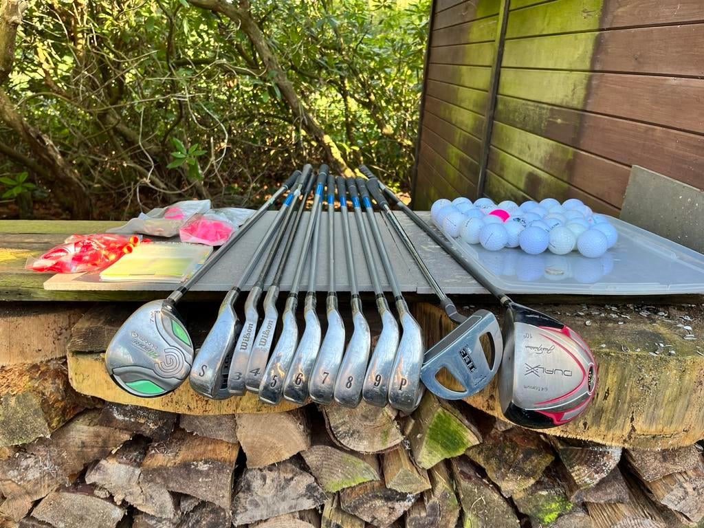 Golfset met 12 sticks, golfballen en karretje, Ophalen, Gebruikt, Golfkar