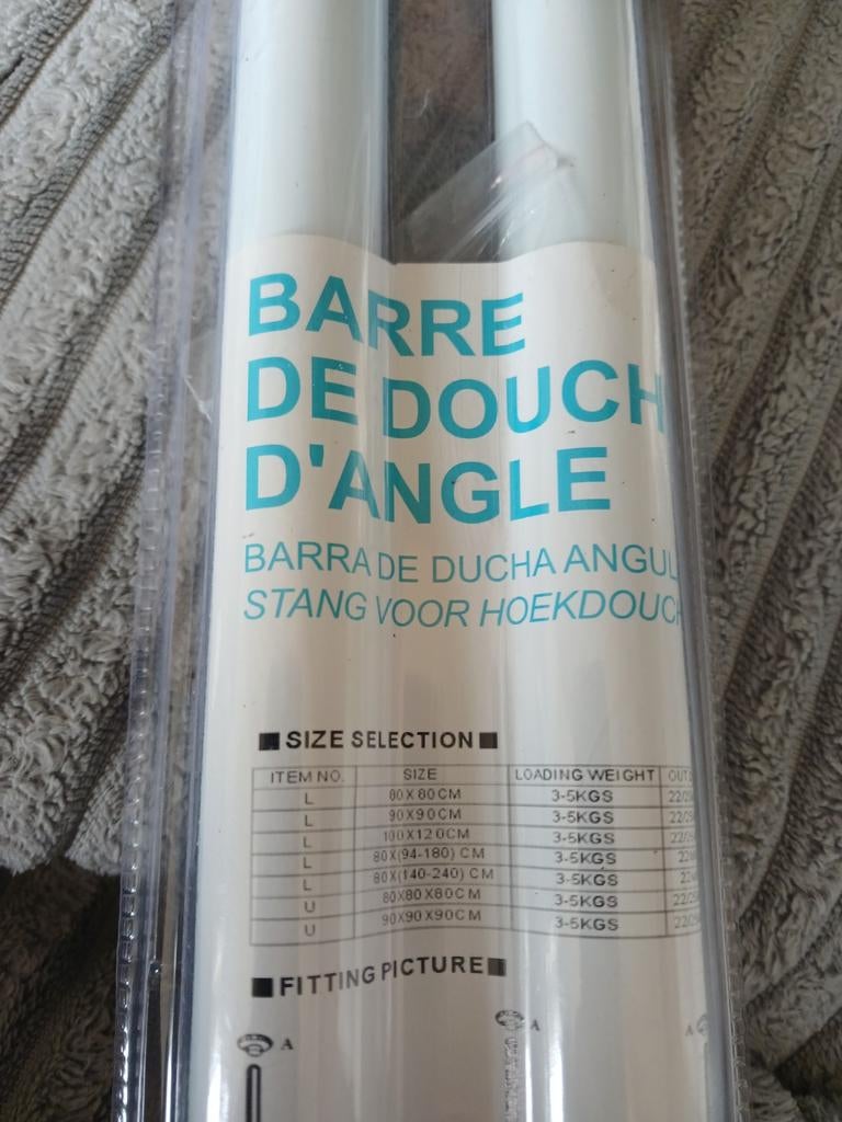 Barre de douche d'angle neuve + rideau + crochets, Enlèvement