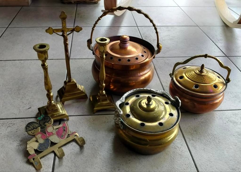 Lot koperen antiek, waterverdamper, kandelaars. Kapstok enz., Antiek en Kunst, Ophalen
