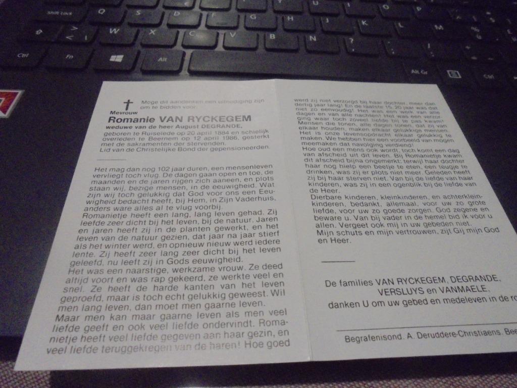 dp 101 jarige - Romanie Van Ryckegem, Verzamelen, Bidprentjes en Rouwkaarten, Ophalen of Verzenden, Bidprentje