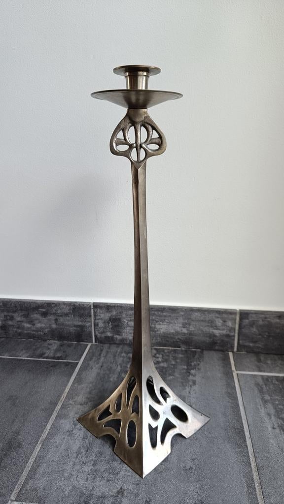 Hoge, zilverkleurige art-nouveau kandelaar, Ophalen of Verzenden