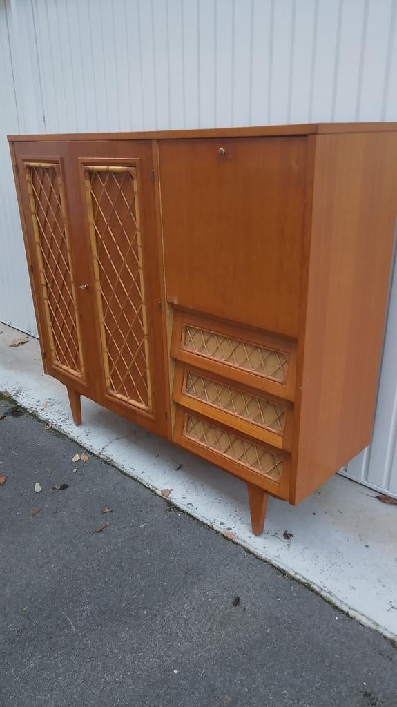 Original meuble vintage scandinave bois/rotin multi fonction, Ophalen, Gebruikt