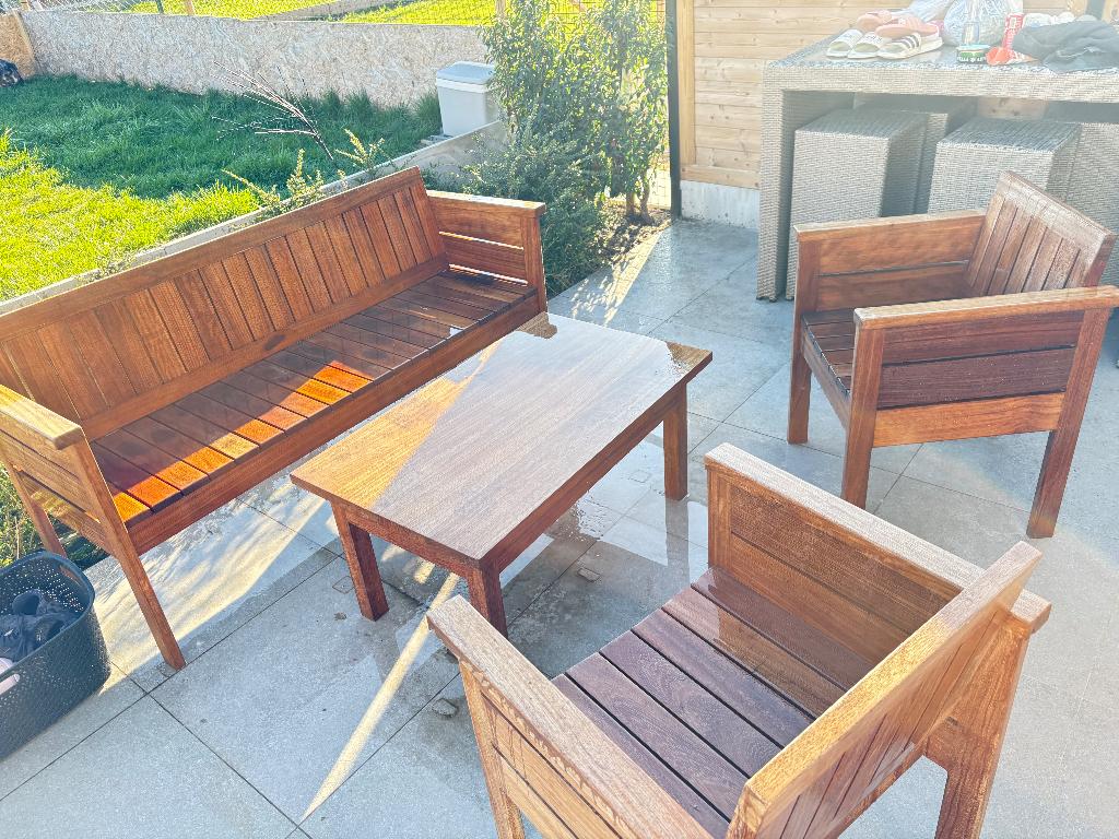 Tuinbank met tafel en stoelen, Tuin en Terras, Ophalen, Gebruikt, Hout