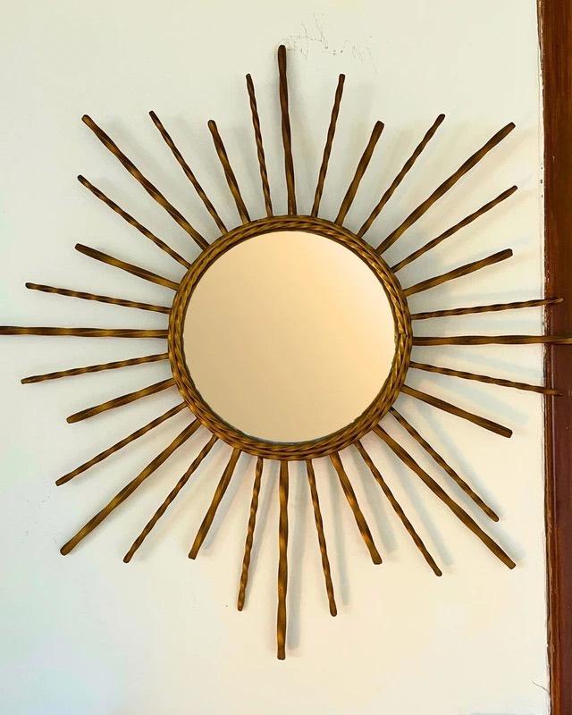 Miroir vintage Sunburst - taille soleil - métal doré, Enlèvement ou Envoi, Rond, 50 à 100 cm, Moins de 100 cm