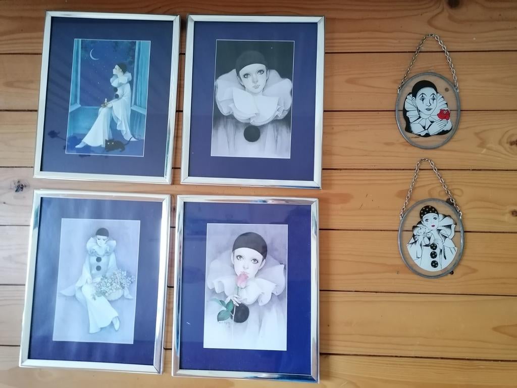 Set van 6 Pierrot / clown-artworks  vintage muurdecoratie, Huis en Inrichting, Woonaccessoires | Lijsten, Ophalen
