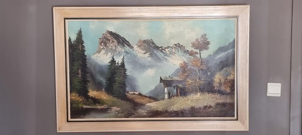 Groot schilderij berglandschap Jan De Nooyer, Antiek en Kunst, Ophalen
