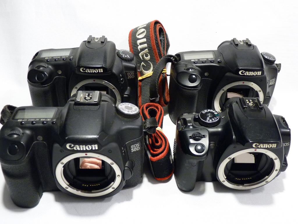 4x Digitale Canon EOS camera's: 20D, 30D, 50D, 400D, Full HD, Canon, Zo goed als nieuw, Geheugenkaart