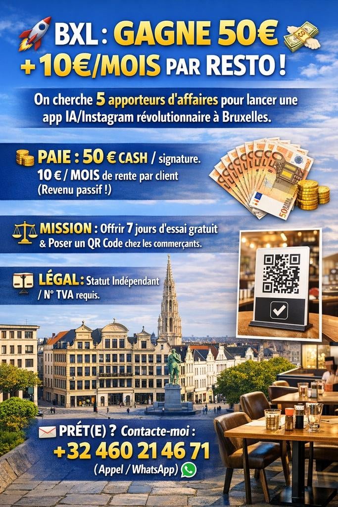 BXL : GAGNE 50€ + 10€/MOIS PAR RESTO !, Offres d'emploi, Horaire variable, À partir de 1 an, Freelance ou Intérim, Convient comme travail d'appoint