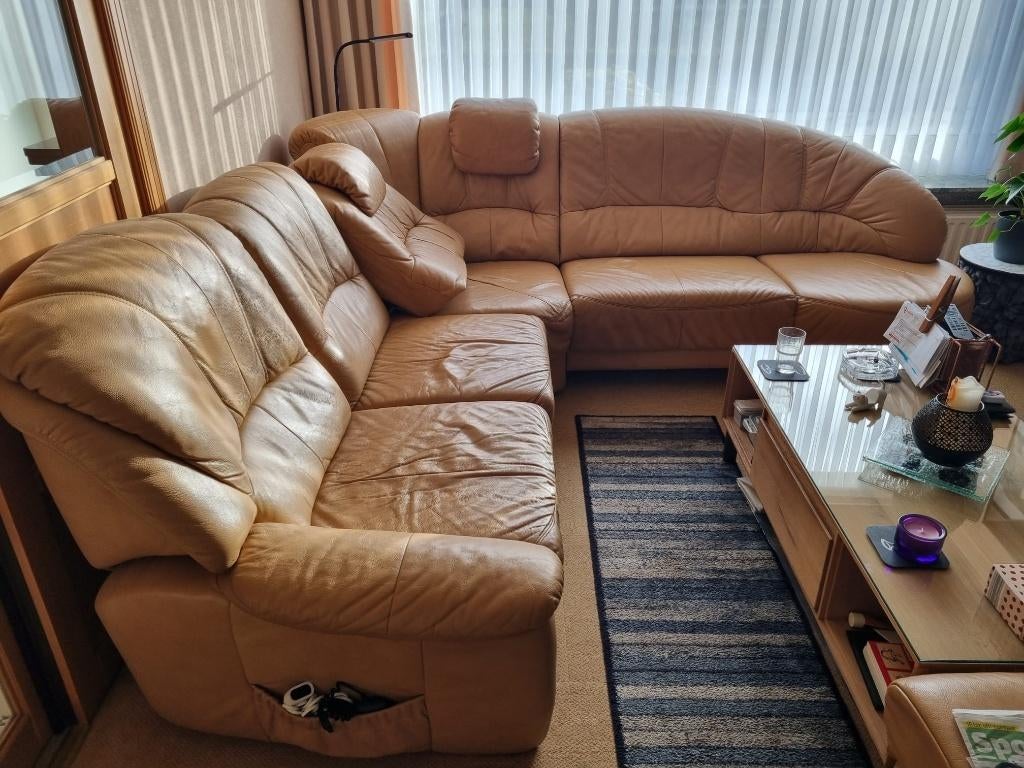 Lederen hoekzetel, Huis en Inrichting, Ophalen, Gebruikt, Leer, Lederen hoekzetel