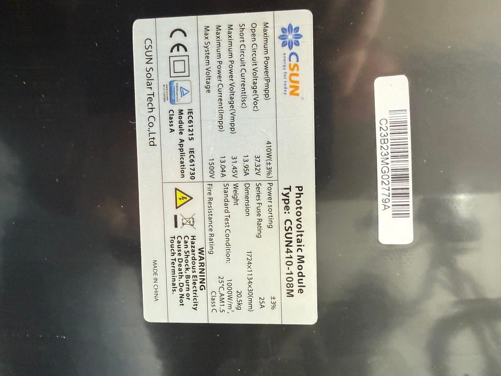 36 nieuwe CSUN zonnepanelen 410 Wp te koop, Doe-het-zelf en Bouw, Ophalen, Nieuw, Paneel, 200 wattpiek of meer