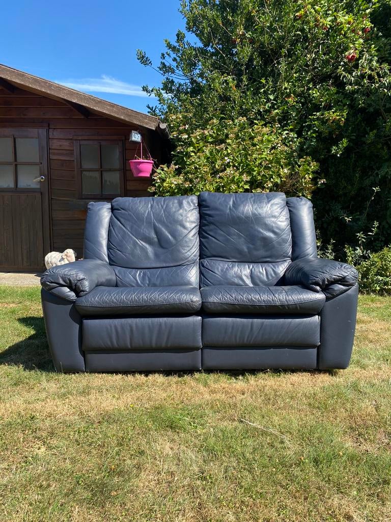 Fauteuil en cuir bleu avec partie inclinable, Huis en Inrichting, Zetels | Zetels, Gebruikt, Rechte bank, Tweepersoons, 150 tot 200 cm